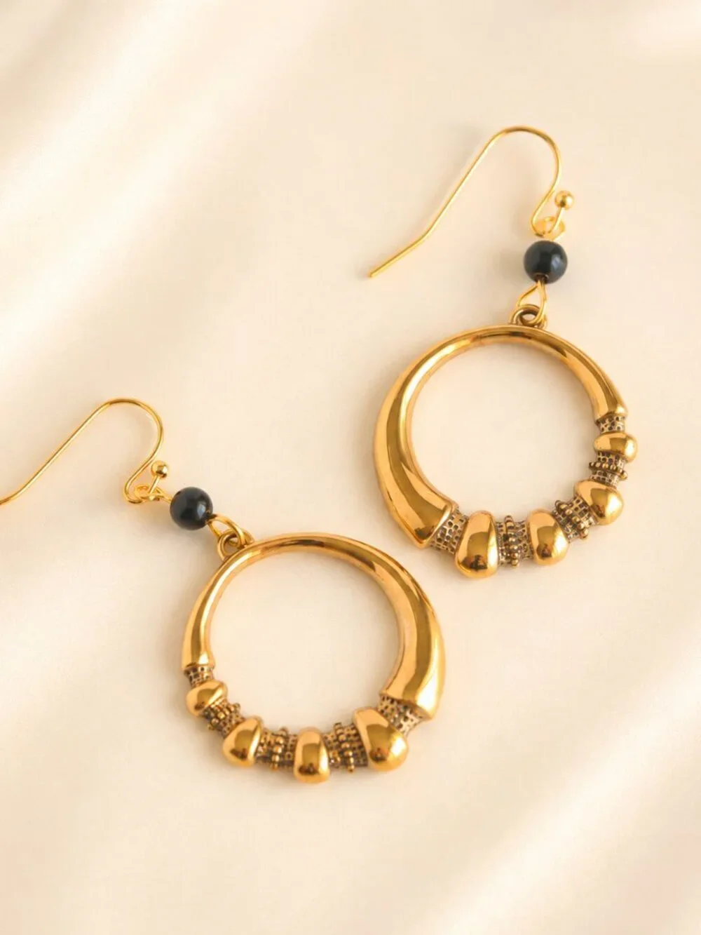 Gold Hoop Earrings With Onyx Detail Stainless Steel Large Dangle